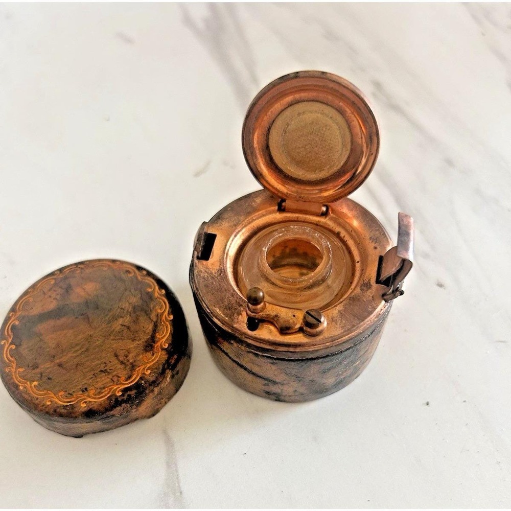 Antique Victorian Leather Covered Travel Inkwell Brass with Original Glass Well